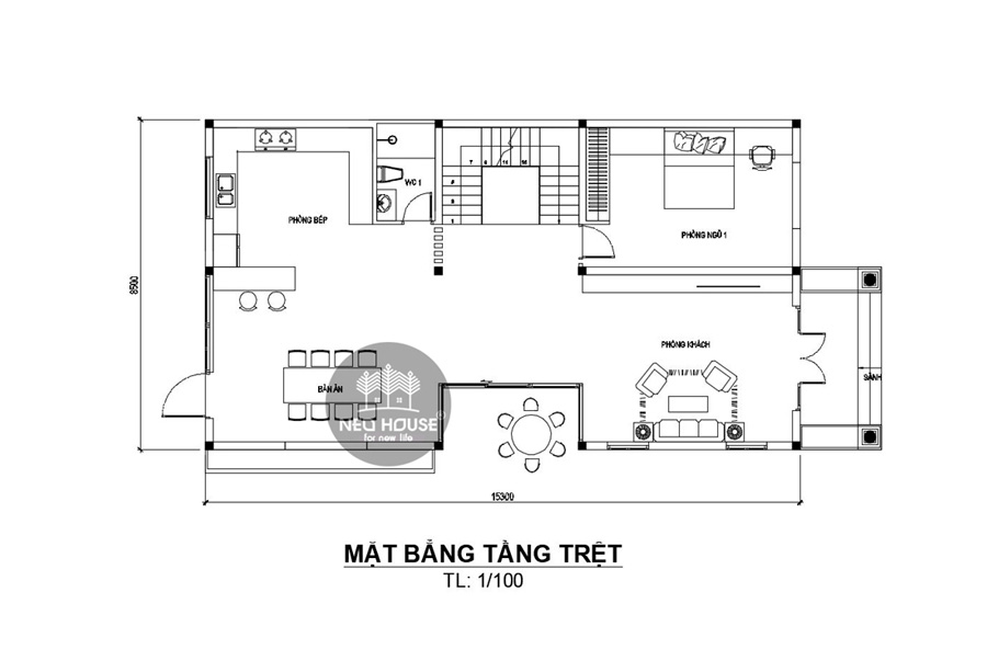 Mặt bằng tầng trệt biệt thự 2 tầng mặt tiền 9m 4 phòng ngủ