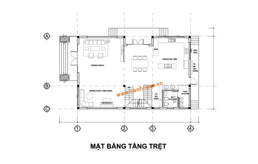 Mặt bằng tầng trệt biệt thự 2 tầng mặt tiền 9m có hồ bơi