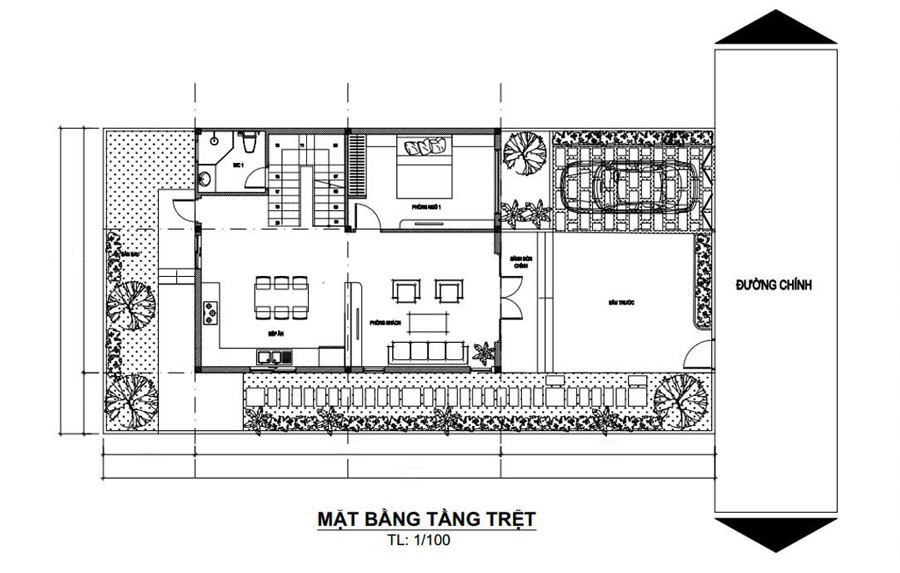 Bản vẽ mặt bằng tầng trệt biệt thự 2 tầng mặt tiền 9m hiện đại