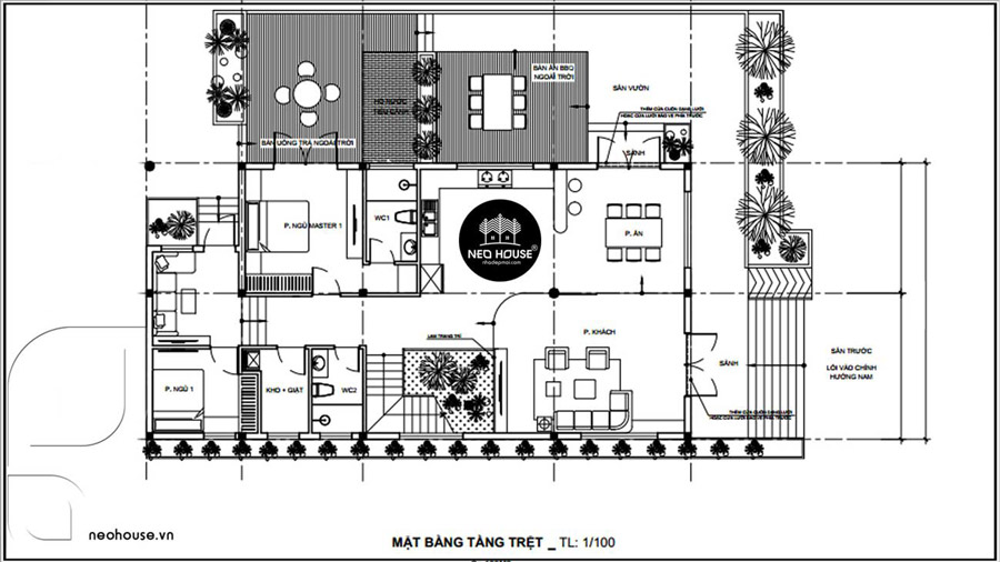 Bản vẽ mặt bằng tầng trệt biệt thự 2 tầng mặt tiền 9m kiểu Mỹ