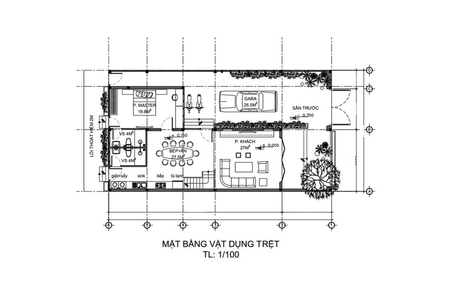 Mặt bằng tầng trệt mẫu biệt thự 2 tầng mặt tiền 9m mái bằng