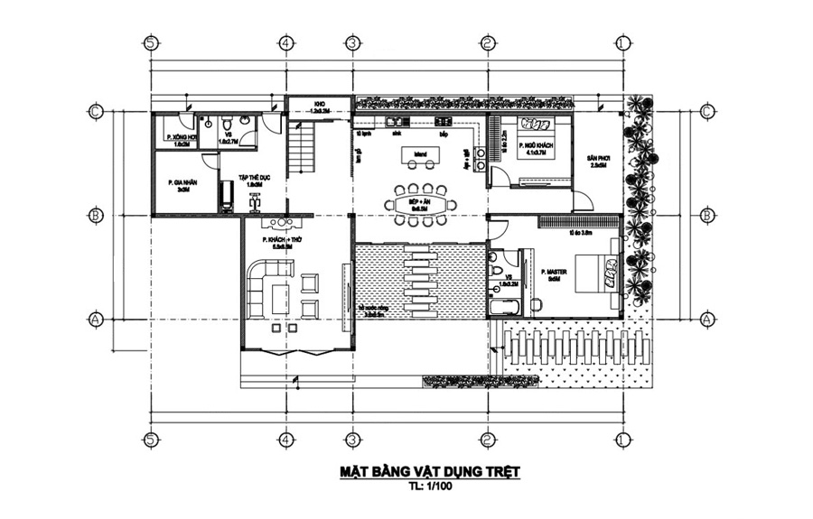 Mặt bằng tầng trệt biệt thự 2 tầng mặt tiền 9m ở nông thôn