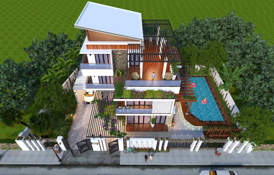 Mẫu biệt thự 3 tầng mái lệch có bể bơi