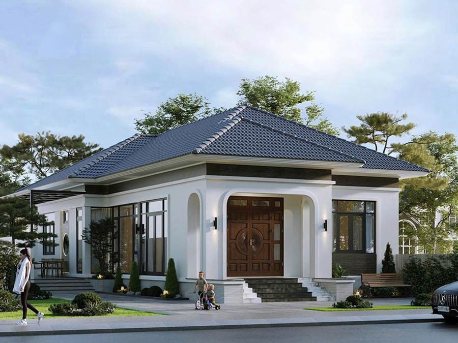 Thiết kế nhà 120m2 1 tầng 3 phòng ngủ 1 phòng thờ