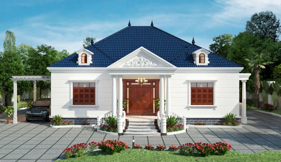 Mẫu thiết kế nhà 1 tầng 3 phòng ngủ 120m2 phong cách châu Âu