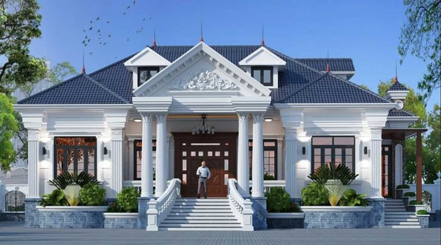 Mẫu thiết kế nhà 1 tầng 3 phòng ngủ 120m2 phong cách châu Âu