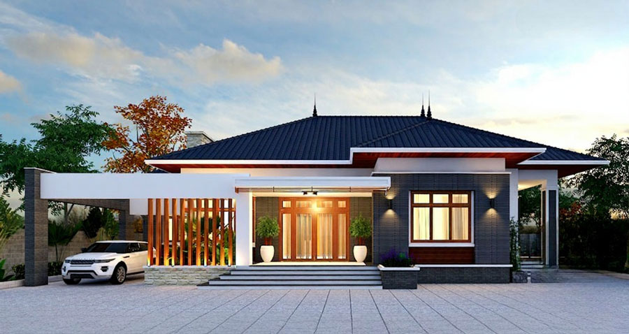 Thiết kế nhà 1 tầng 3 phòng ngủ 120m2 có gara ôtô