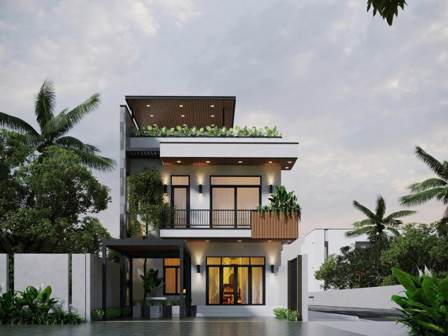 Mẫu nhà mái bằng 2 tầng có gác lửng
