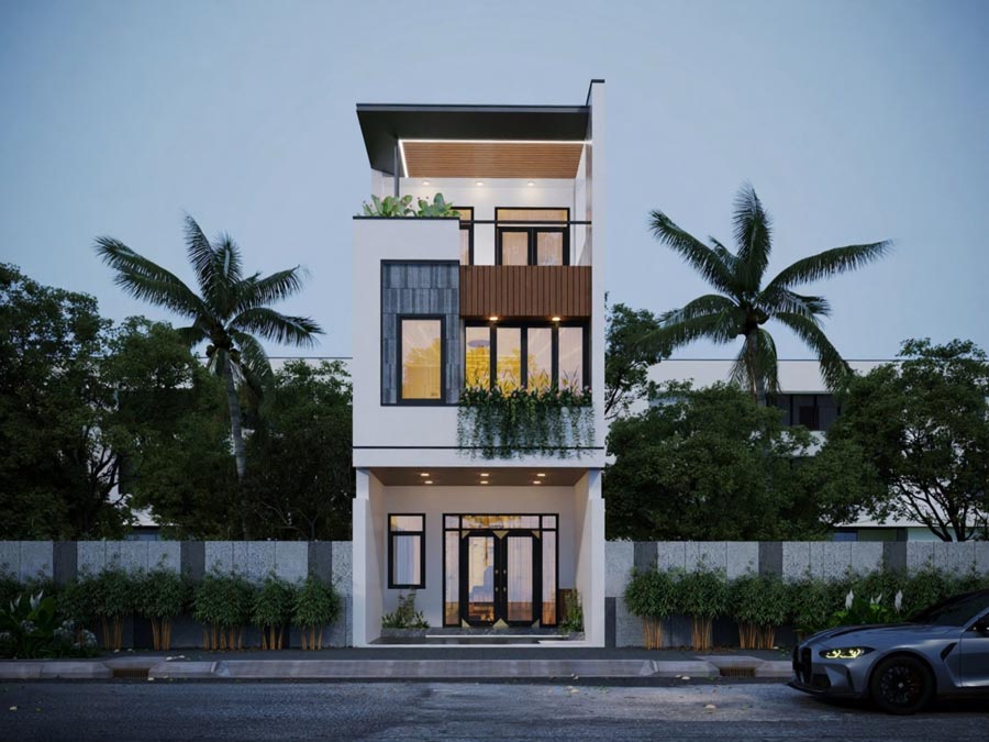 Mẫu nhà mái bằng 2 tầng có gác lửng