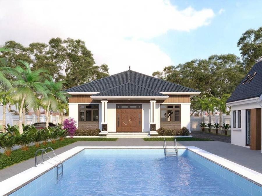 Mẫu nhà vuông đẹp 1 tầng có bể bơi