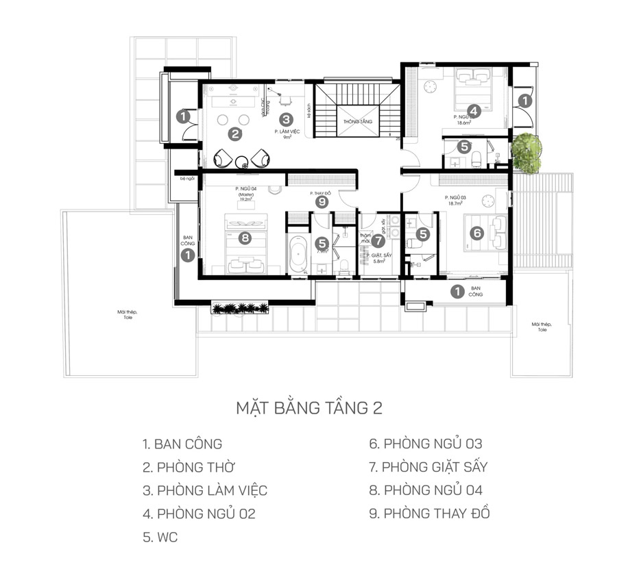 Lầu 1: Không gian sinh hoạt riêng tư với 3 phòng ngủ và các tiện ích khác