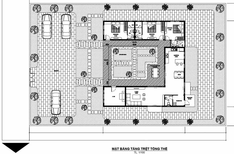 Mặt bằng công năng biệt thự sân vườn 1 tầng 3 phòng ngủ mái Nhật