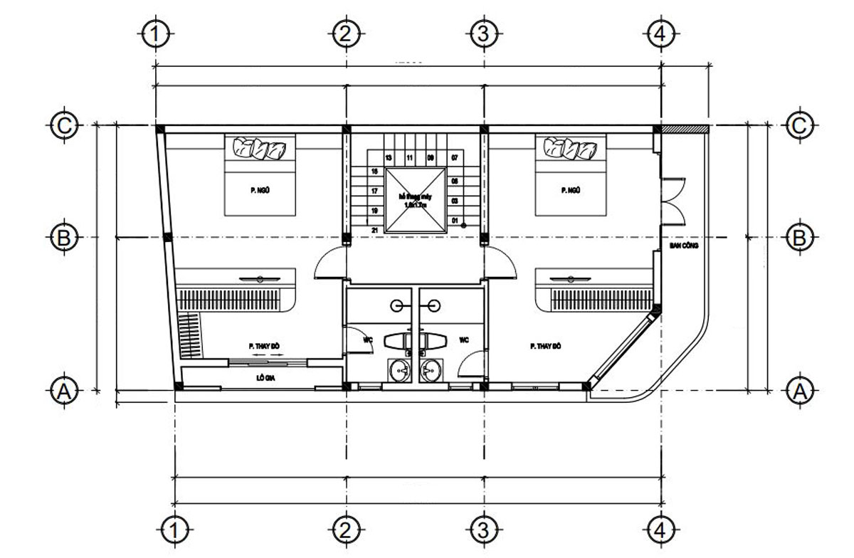 Mặt bằng công năng lầu 3 nhà phố 5 tầng 1 lửng. Hình ảnh 4