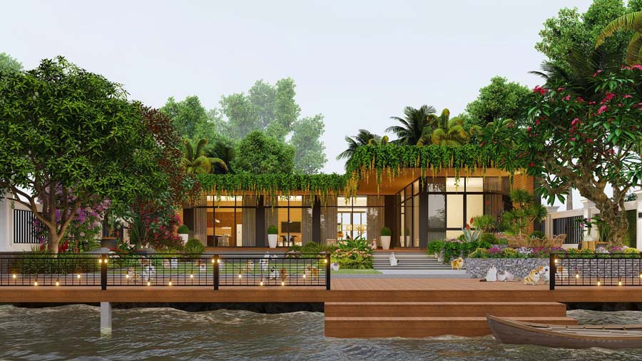 Phối cảnh biệt thự sân vườn 1 tầng hiện đại 150m2. Hình ảnh 1