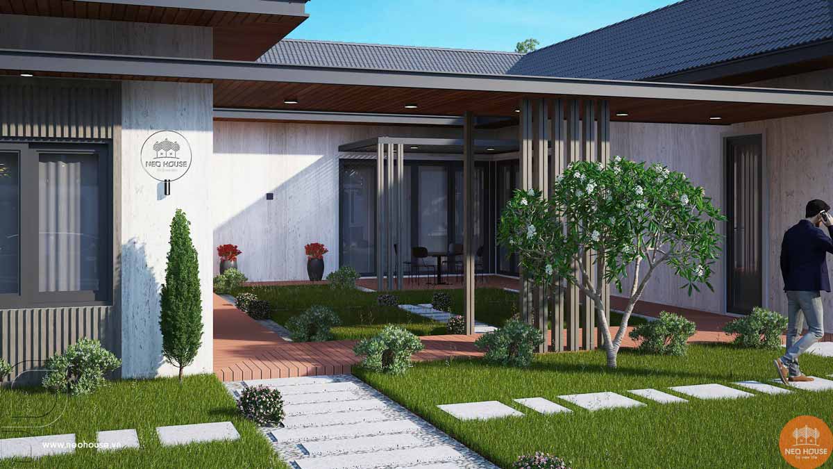 Biệt thự sân vường 1 tầng 3 phòng ngủ mái Nhật