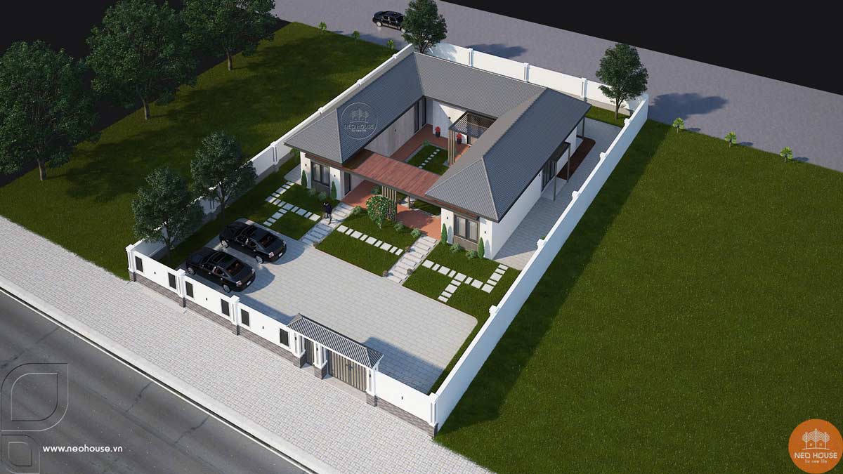 Phối cảnh biệt thự sân vườn 1 tầng 3 phòng ngủ mái Nhật. Hình ảnh 3