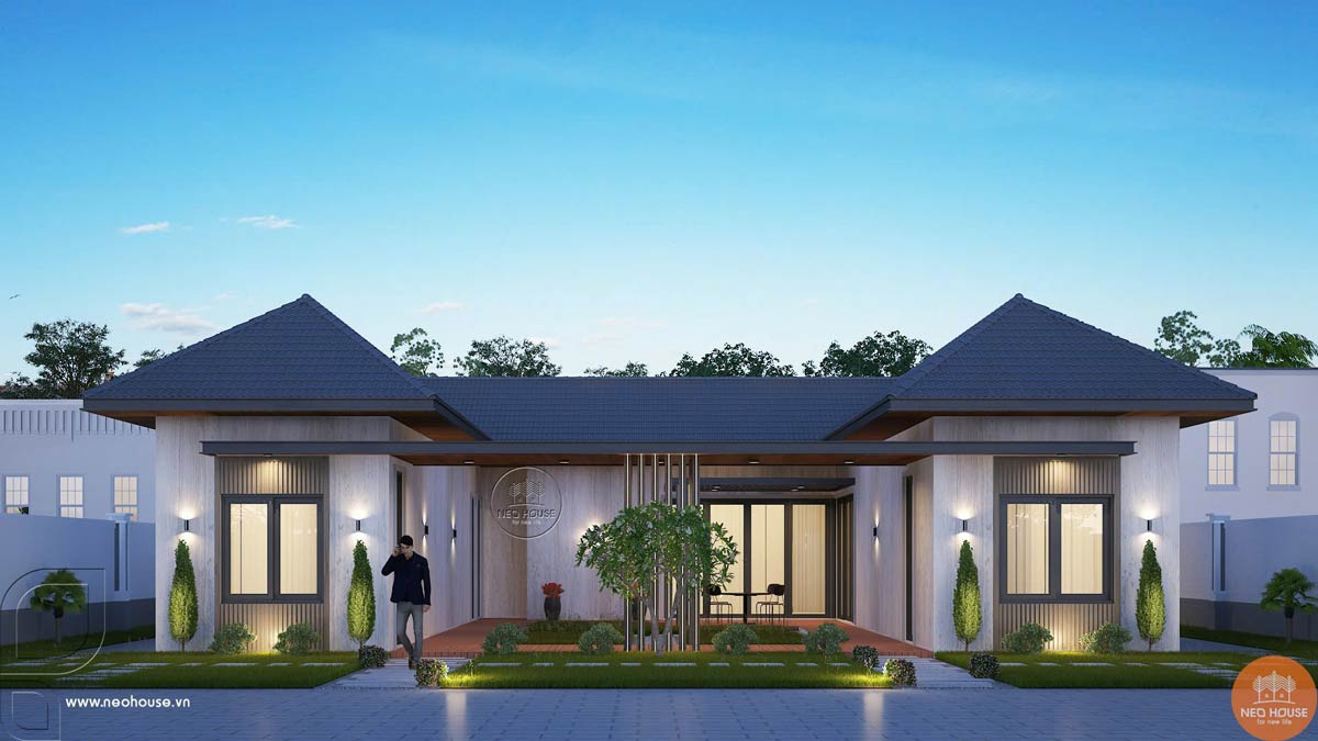 Phối cảnh biệt thự sân vườn 1 tầng 3 phòng ngủ mái Nhật. Hình ảnh 1