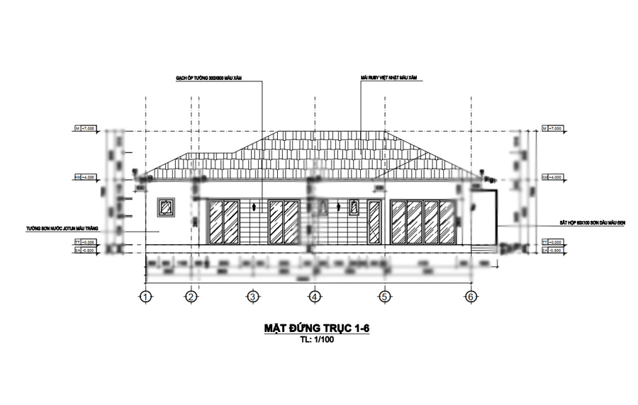 Bản vẽ kỹ thuật chi tiết mặt đứng trục nhà cấp 4