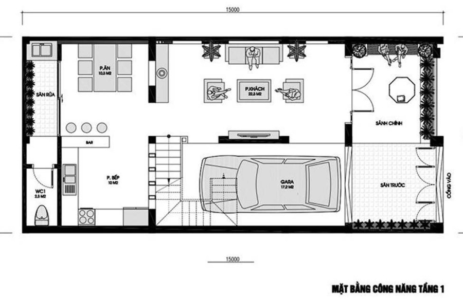 Mặt bằng công năng nhà 2 tầng có gara
