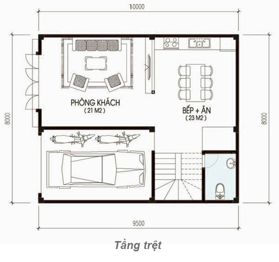 Bản vẽ mặt bằng nhà 3 tầng 8x10m