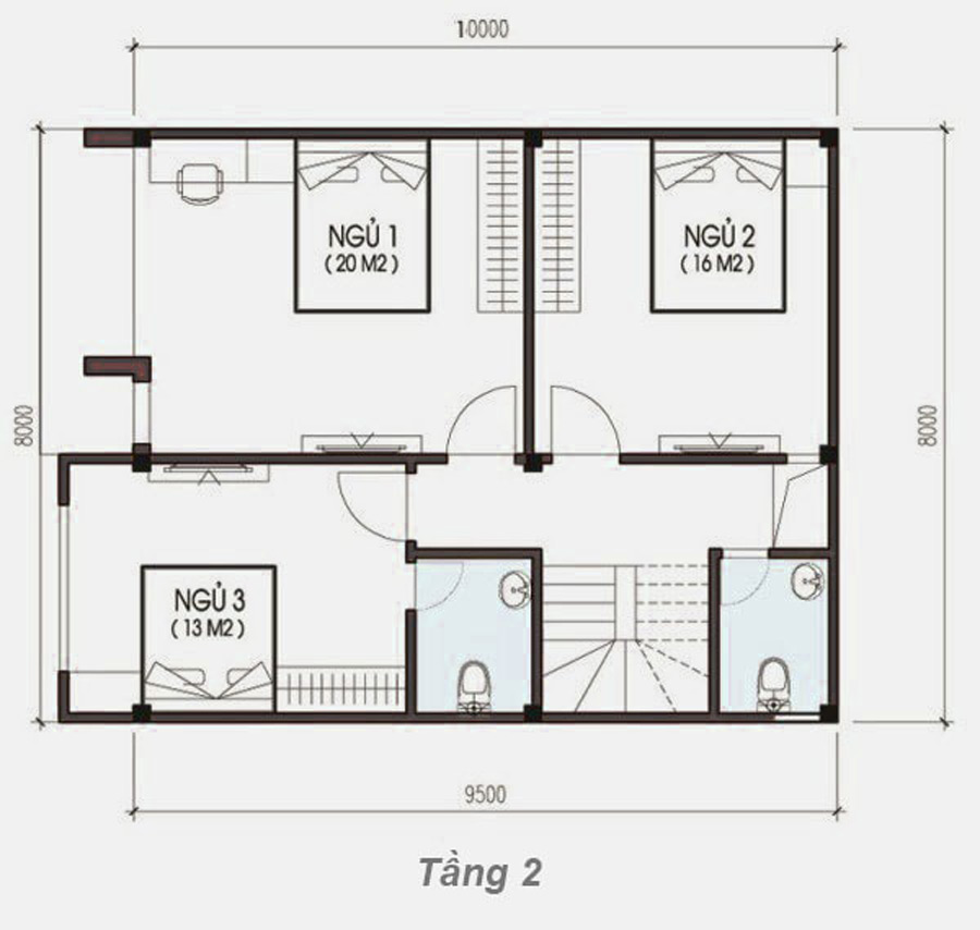 Bản vẽ mặt bằng nhà 3 tầng 8x10m