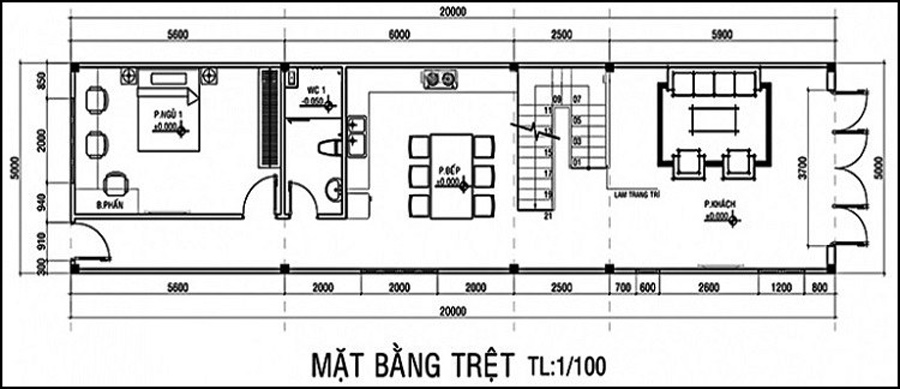 Mặt bằng công năng nhà ống 2 tầng 4 phòng ngủ