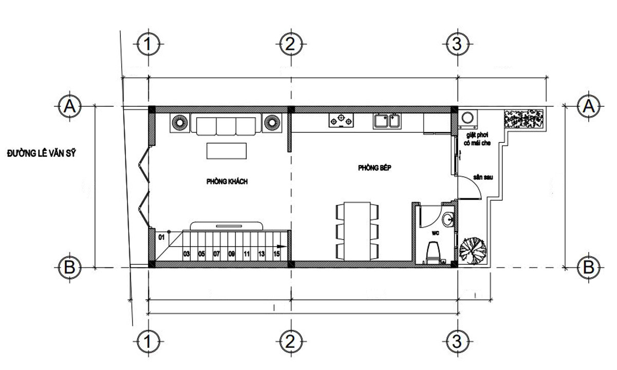 Mặt bằng công năng tầng trệt nhà phố 3 tầng tân cổ điển 5x12m. Hình ảnh 1