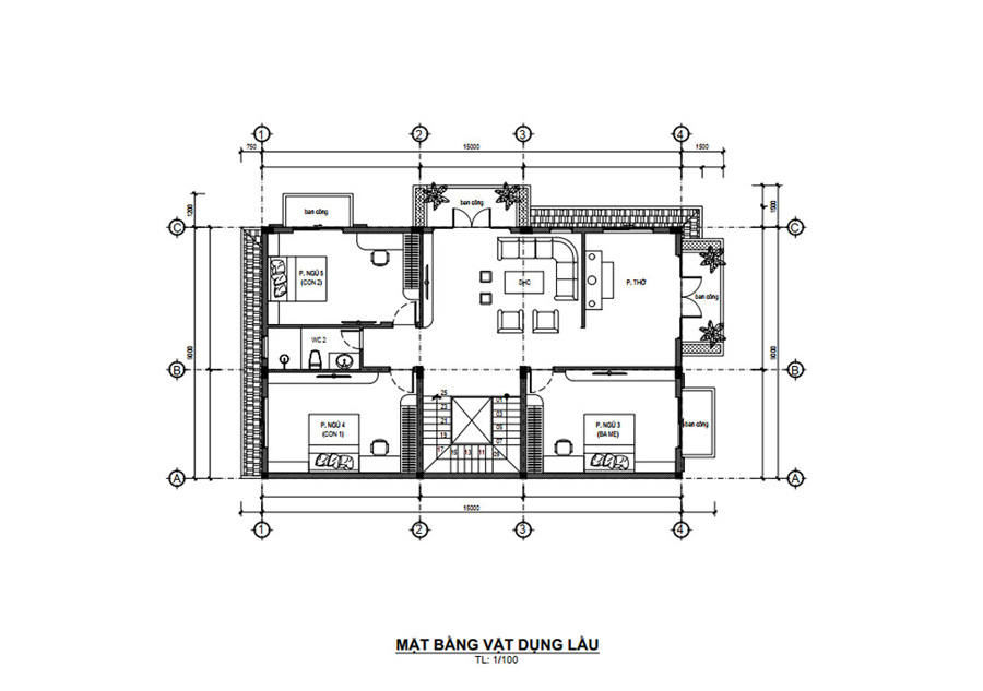 Mặt bằng lầu 1 biệt thự 2 tầng 5 phòng ngủ