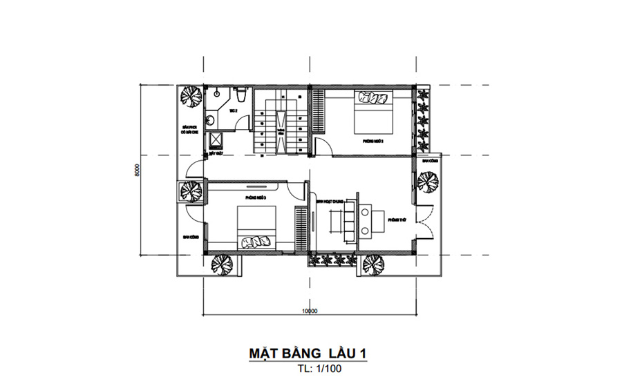 Mặt bằng lầu 1 nhà 2 tầng mặt tiền 8m mái bằng