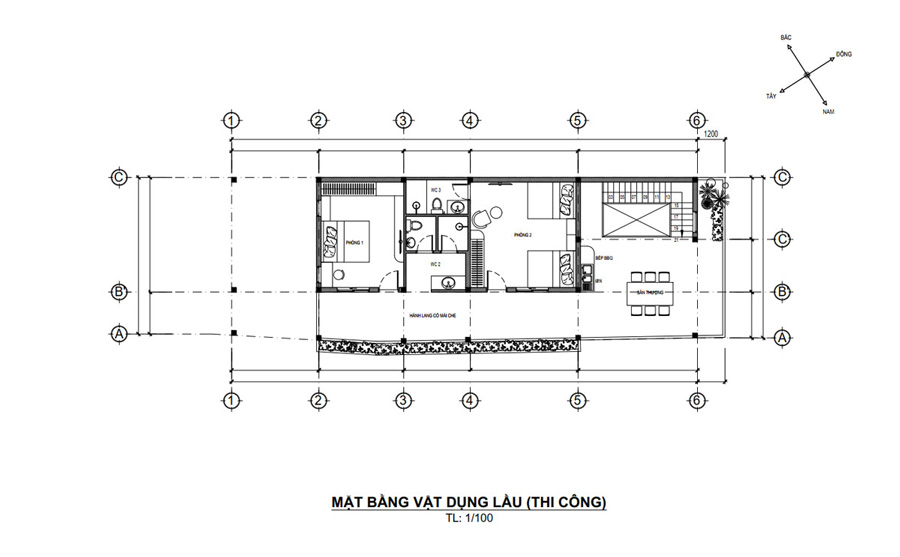Mặt bằng lầu 1 nhà phố 2 tầng 5x15m 2 phòng ngủ