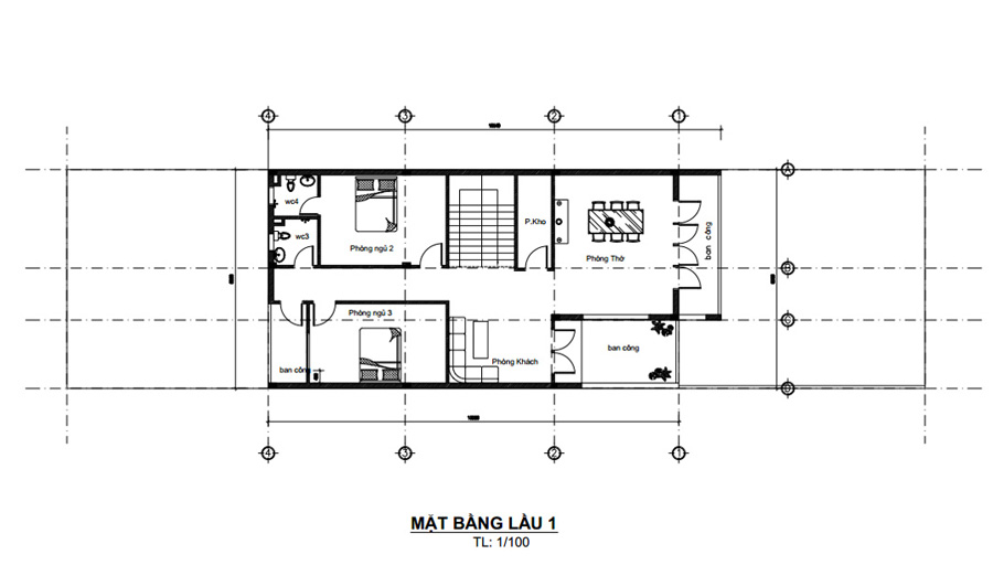 Mặt bằng lầu 1 mẫu nhà phố mặt tiền 8m 2 tầng tối giản