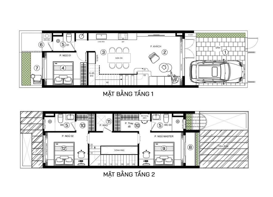 Mặt bằng công năng nhà phố 2 tầng 5x15 tối giản
