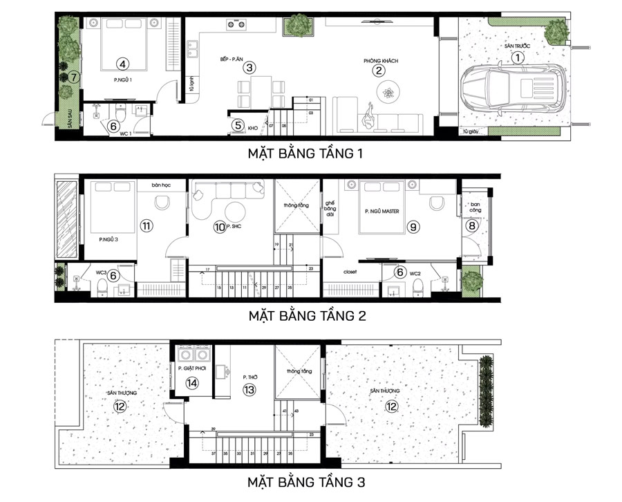 Mặt bằng nhà ống 2 tầng 1 tum 5x20m