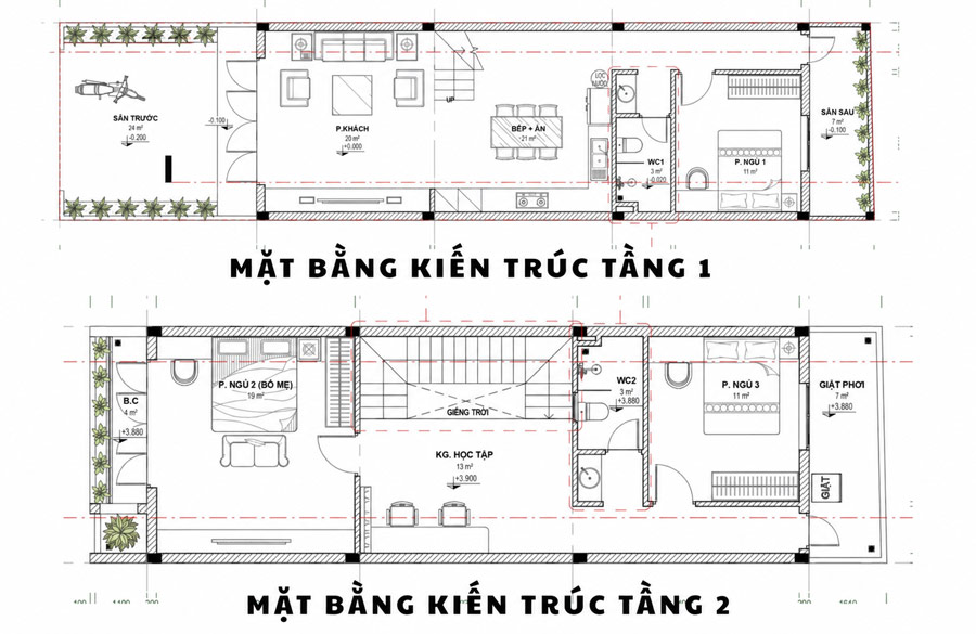Mặt bằng nhà ống 2 tầng 5x20m 3 phòng ngủ