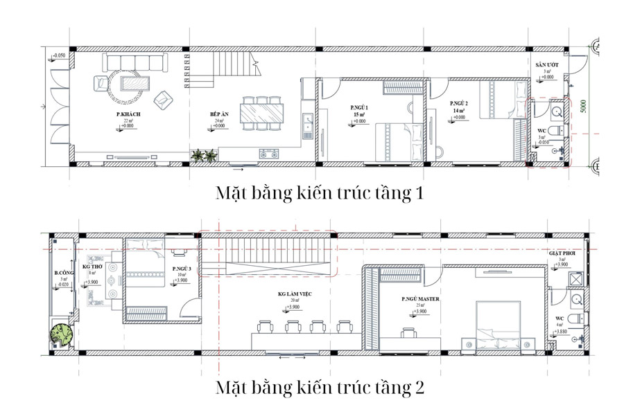 Mặt bằng nhà 2 tầng 5x20m 4 phòng ngủ