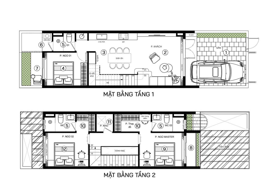 Mặt bằng nhà ống 2 tầng 5x20m có gara ô tô