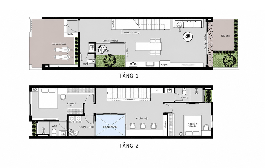 Mặt bằng nhà ống 2 tầng 5x20m có giếng trời