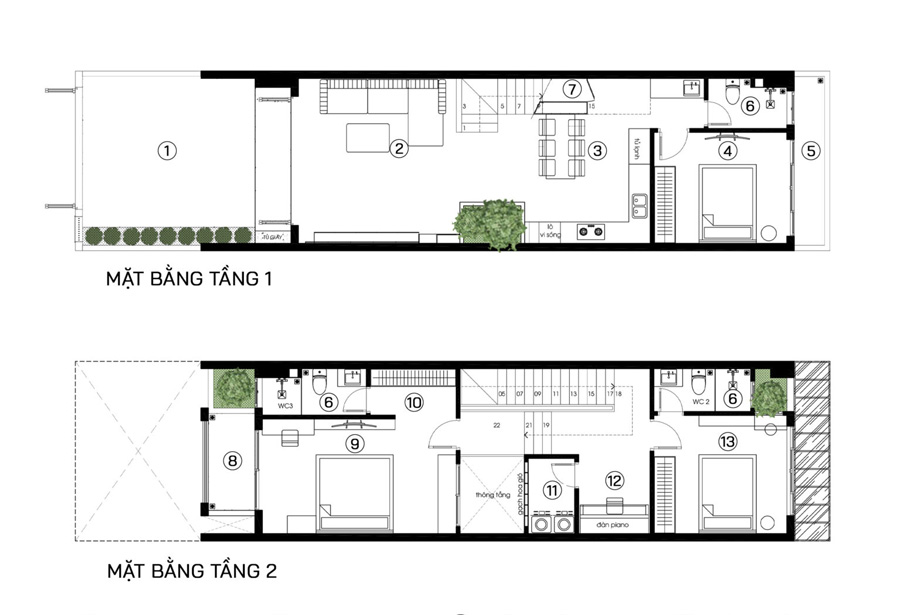 Mặt bằng công năng nhà phố 2 tầng 5x15m 3 phòng ngủ