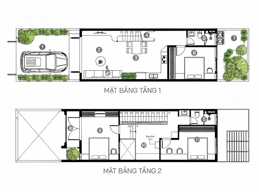 Mặt bằng nhhà phố 2 tầng 5x15m có gara để xe