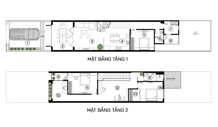 Mặt bằng công năng nhà 2 tầng 5x15 đẹp xanh thoáng
