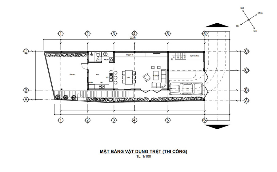 Mặt bằng tầng trệt nhà phố 2 tầng 5x15m 2 phòng ngủ