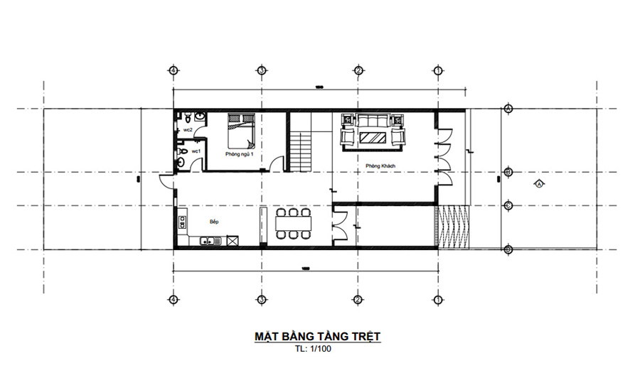 Mặt bằng tầng trệt mẫu nhà phố mặt tiền 8m 2 tầng tối giản