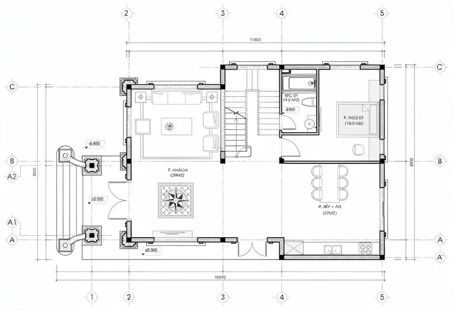 Mặt bằng tầng trệt nhà phố mặt tiền 8m 2 tầng tân cổ điển