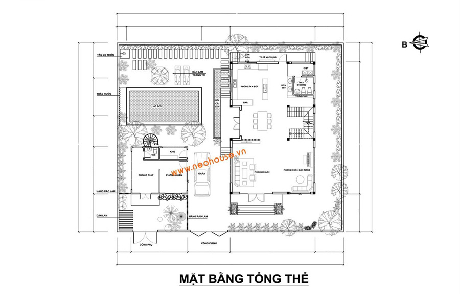 Mặt bằng tổng thể nhà phố 2 tầng mặt tiền 8m có hồ bơi