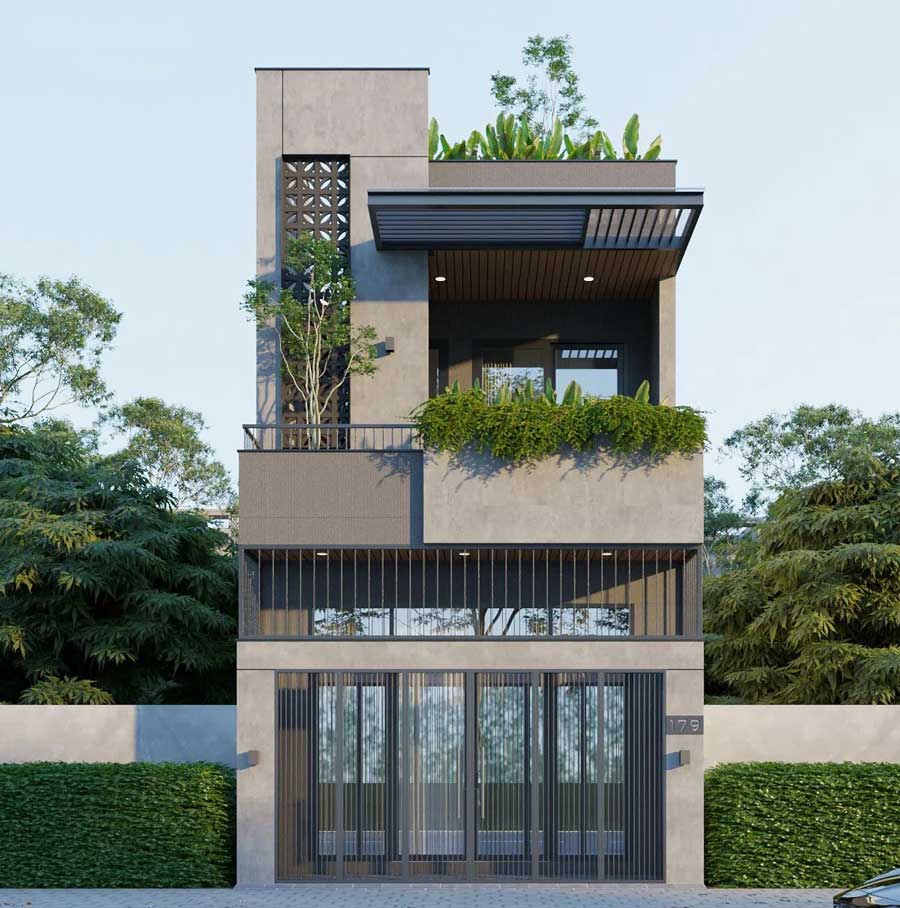 Mẫu thiết kế mặt tiền nhà 2 tầng đẹp có sân thượng