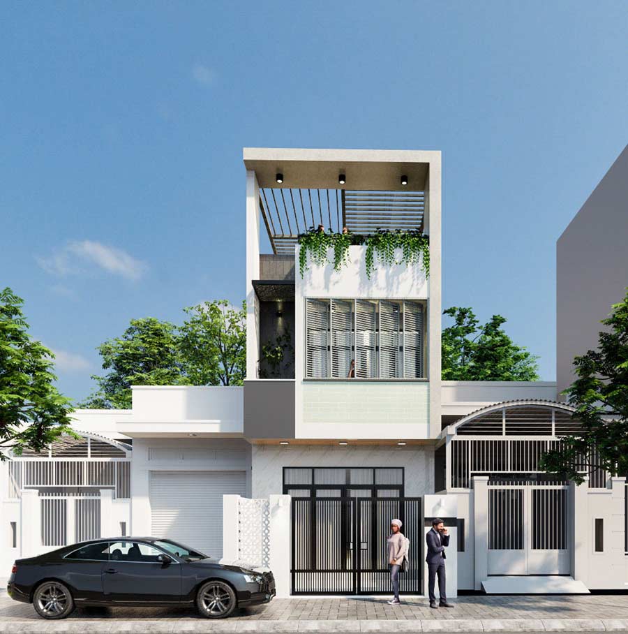 Mẫu thiết kế mặt tiền nhà 2 tầng đẹp có sân thượng