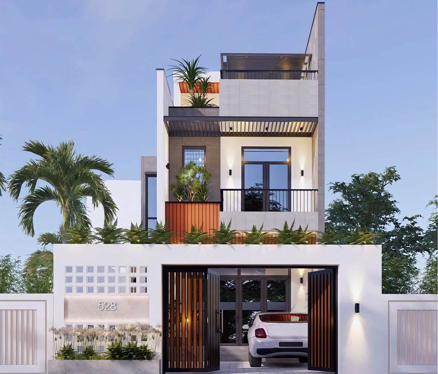 Mẫu thiết kế mặt tiền nhà 2 tầng đẹp có sân thượng