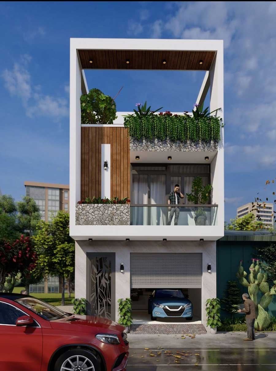 Mẫu thiết kế mặt tiền nhà 2 tầng đẹp có sân thượng