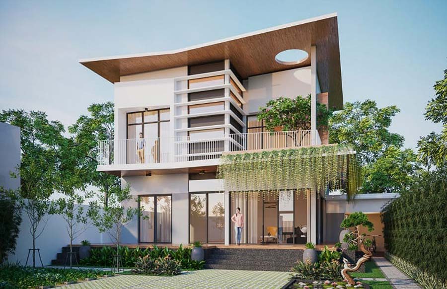 Mẫu thiết kế mặt tiền nhà 2 tầng đẹp có sân vườn