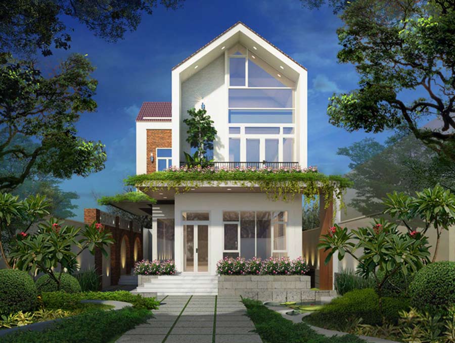 Mẫu thiết kế mặt tiền nhà 2 tầng đẹp có sân vườn